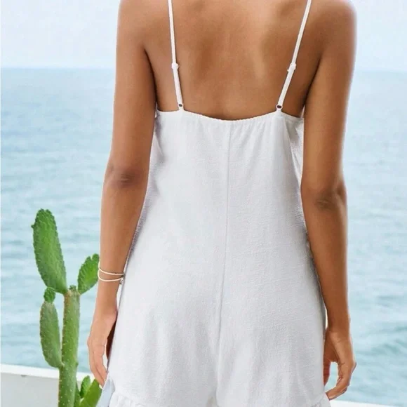 White Button-Front Ruffle leg Romper - Picture 2 of 5